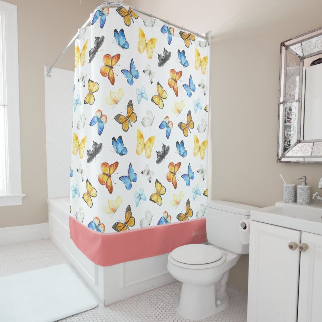 Beautiful Butterfly Pattern with Name Pink Shower Curtain (In Situ)