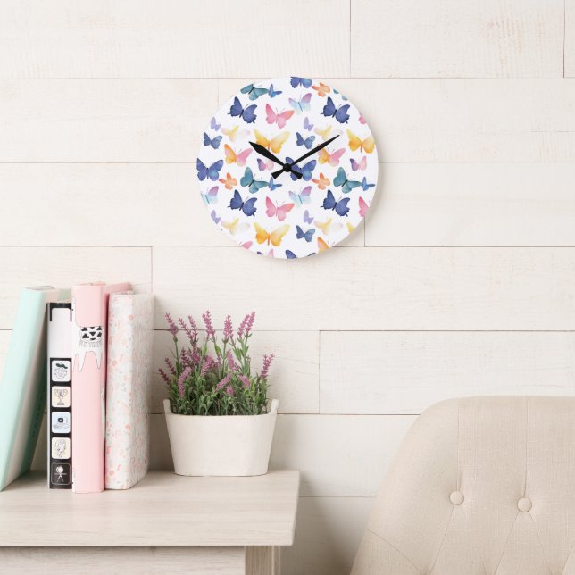 Beautiful Butterfly Watercolor Colourful Pattern Large Clock (Reading Room)