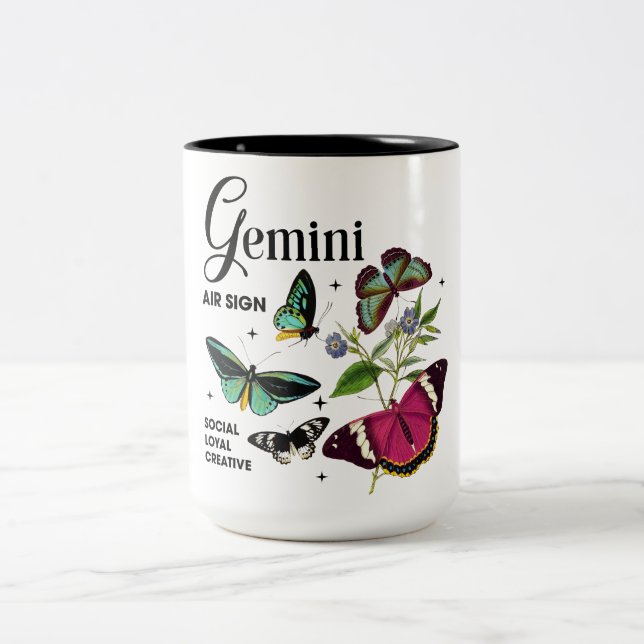 Beautiful Butterfly Zodiac Traits/Gemini Two-Tone Coffee Mug (Center)