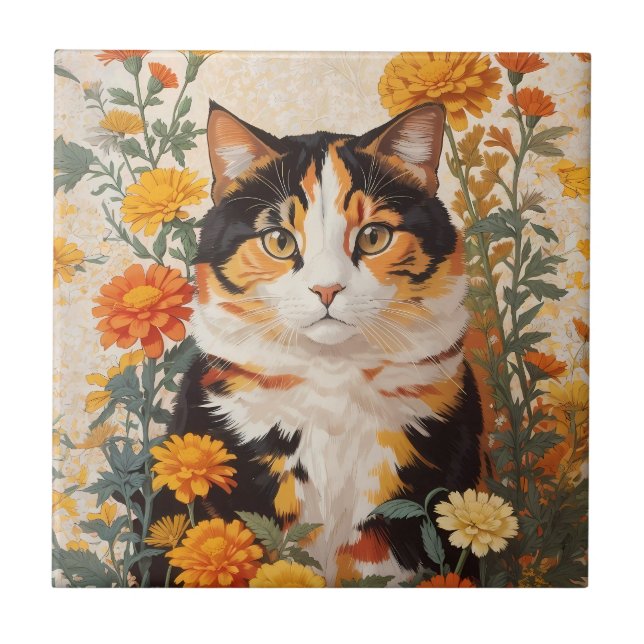 Beautiful Calico Cat With Marigold Flowers Ceramic Tile (Front)