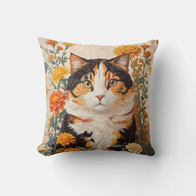 Beautiful Calico Cat With Marigold Flowers Cushion (Front)