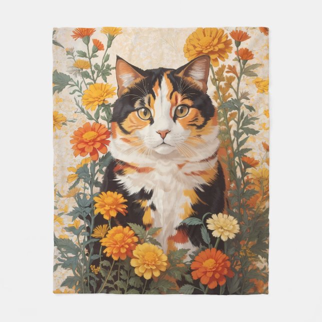 Beautiful Calico Cat With Marigold Flowers Fleece Blanket (Front)