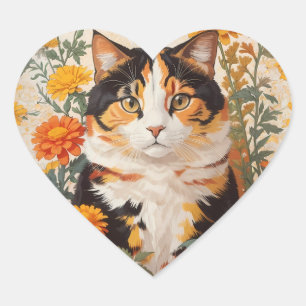 Beautiful Calico Cat With Marigold Flowers Heart Sticker