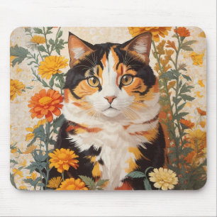 Beautiful Calico Cat With Marigold Flowers Mouse Pad