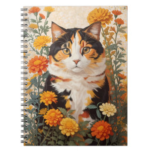 Beautiful Calico Cat With Marigold Flowers Notebook