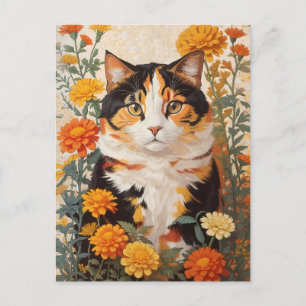 Beautiful Calico Cat With Marigold Flowers Postcard