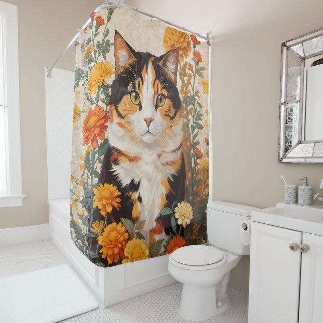 Beautiful Calico Cat With Marigold Flowers Shower Curtain (In Situ)