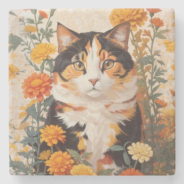 Beautiful Calico Cat With Marigold Flowers Stone Coaster (Front)