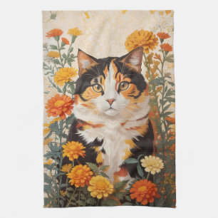 Beautiful Calico Cat With Marigold Flowers Tea Towel