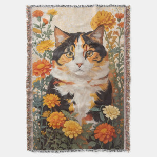 Beautiful Calico Cat With Marigold Flowers Throw Blanket