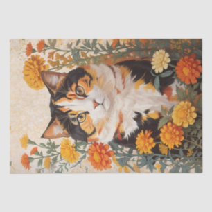 Beautiful Calico Cat With Marigold Flowers Tissue Paper