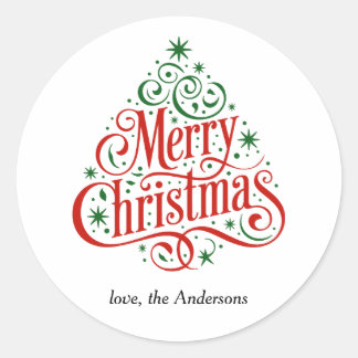 Beautiful Calligraphy Merry Christmas Tree Custom  Classic Round Sticker