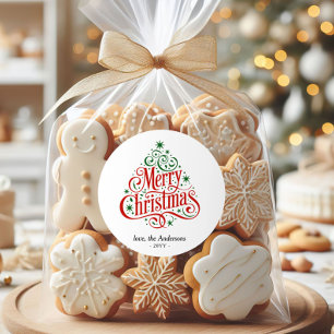 Beautiful Calligraphy Merry Christmas Tree Custom  Classic Round Sticker