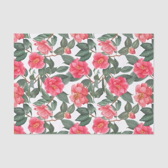 Beautiful Camellia Flowers and Leaves Pattern Tissue Paper (Front)