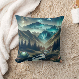 Beautiful Camping Scene with Mountains and Tent Cushion