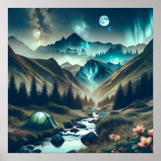 Beautiful Camping Scene with Mountains and Tent Poster