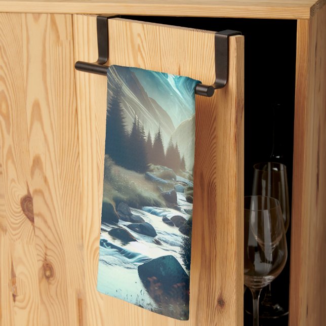 Beautiful Camping Scene with Mountains and Tent Tea Towel (Thirds Fold)