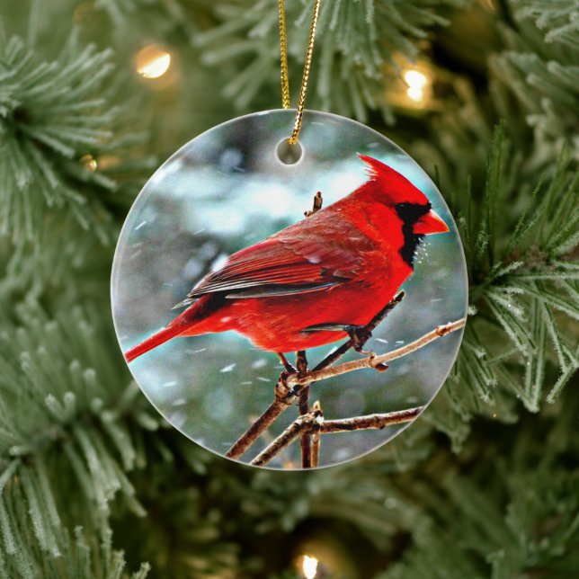 Beautiful Cardinal in Snowy Tree Christmas Ceramic Ornament (Tree)