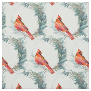 Beautiful Cardinal Red Bird in Holly Wreath  Fabric