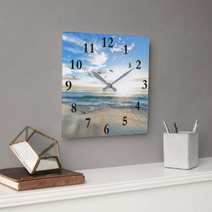 Beautiful Caribbean Tropical Beach & Birds Square Wall Clock