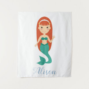 Beautiful cartoon mermaid girl personalised name tapestry