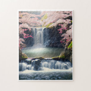 Beautiful Cascade With Pink Cherry Blossom Trees Jigsaw Puzzle