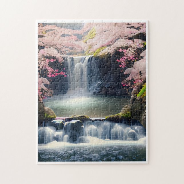 Beautiful Cascade With Pink Cherry Blossom Trees Jigsaw Puzzle (Vertical)