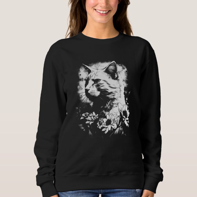 beautiful cat and sunflower silhouette portrait  w sweatshirt (Front)