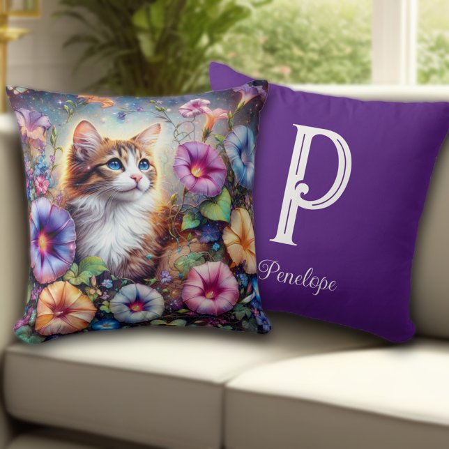 Beautiful Cat Flower Garden Custom Monogram Cushion (Creator Uploaded)
