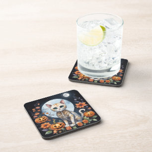 Beautiful Cat Halloween Floral Moon - Whimsical Coaster
