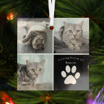 Beautiful Cat Memorial Custom Pet Photo Christmas Glass Tree Decoration<br><div class="desc">This beautiful cat photo Christmas ornament is personalised with adorable pictures of your sweet girl kitty. Customise this thoughtful memorial gift with your own custom feline photographs around a black square with a cute white paw print and your kitten's name in the centre. Add your favourite full photograph on the...</div>