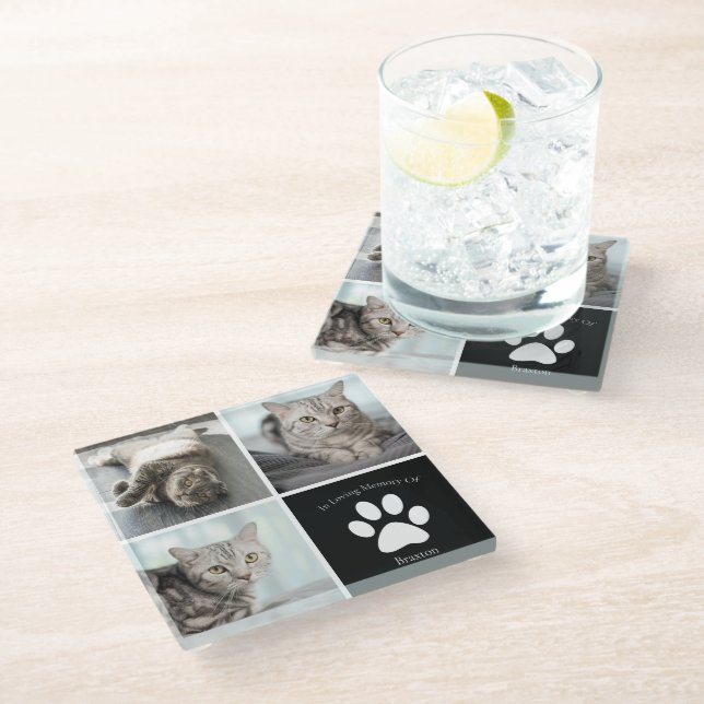Beautiful Cat Photo Collage In Loving Memory Glass Coaster (Angled)
