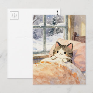 Beautiful Cat Stays Warm in Bed on a Snowy Day Postcard