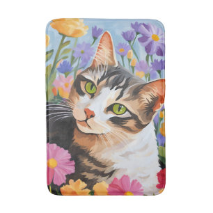 Beautiful cat with flowers bath mat