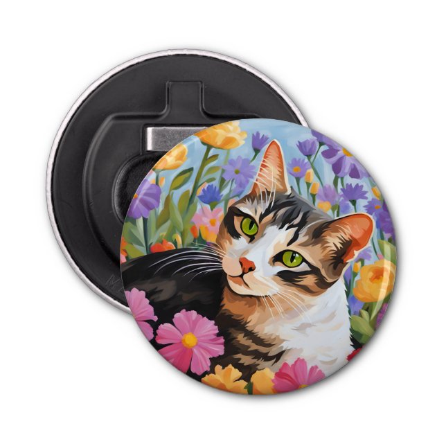 Beautiful cat with flowers bottle opener (Front)