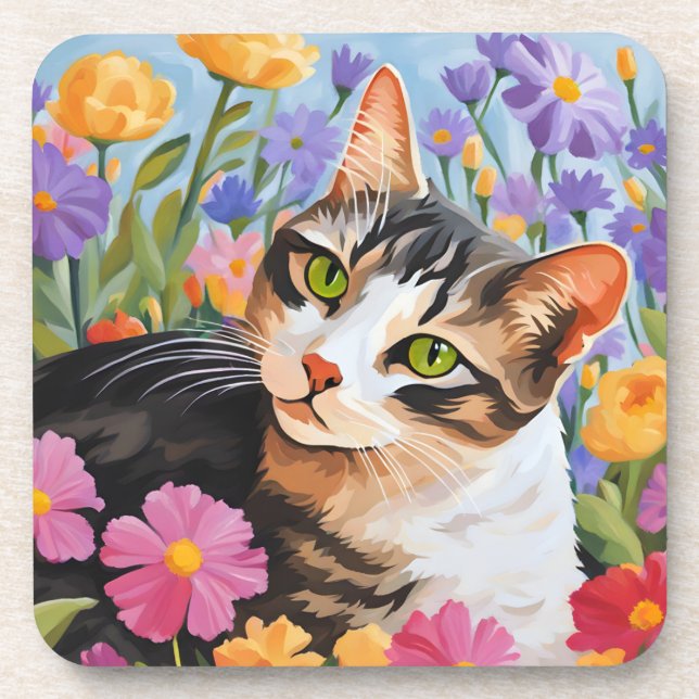 Beautiful cat with flowers coaster (Front)