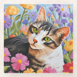 Beautiful cat with flowers glass coaster