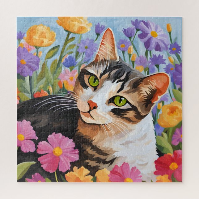 Beautiful cat with flowers jigsaw puzzle (Vertical)