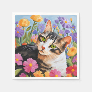 Beautiful cat with flowers napkin
