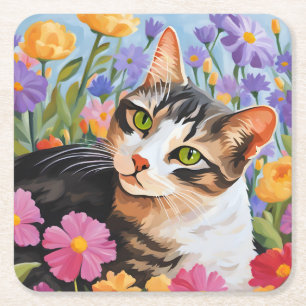 Beautiful cat with flowers square paper coaster