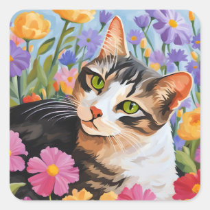 Beautiful cat with flowers square sticker