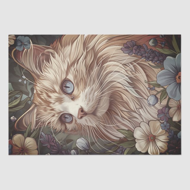Beautiful Cat with Flowers Tissue Paper (Front)