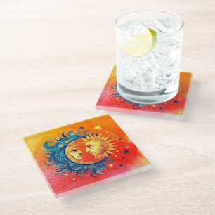 Beautiful Celestial Sun and Moon Glass Coaster