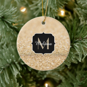 Beautiful champagne gold glitter sparkles Monogram Ceramic Tree Decoration