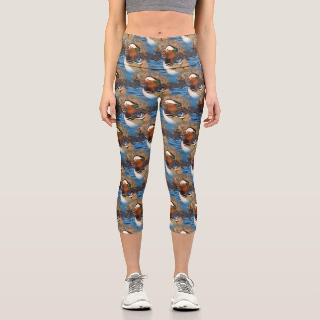 Beautiful Chatty Mandarin Duck at the Pond Capri Leggings (Front)