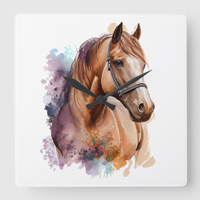 BEAUTIFUL CHESTNUT WATERCOLOR HORSES HEAD SQUARE WALL CLOCK (Front)