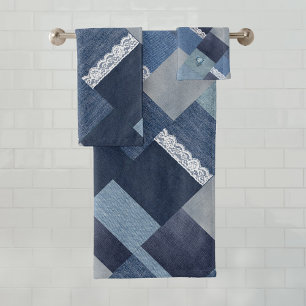 Beautiful Chic Denim Lace Patchwork Bath Towel Set