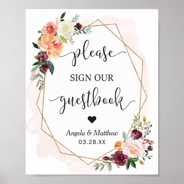Beautiful Chic Floral Frame Guestbook Wedding Sign (Front)