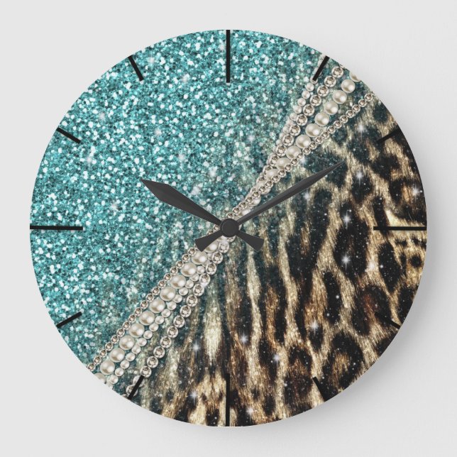 Beautiful chic girly leopard animal faux fur print large clock (Front)