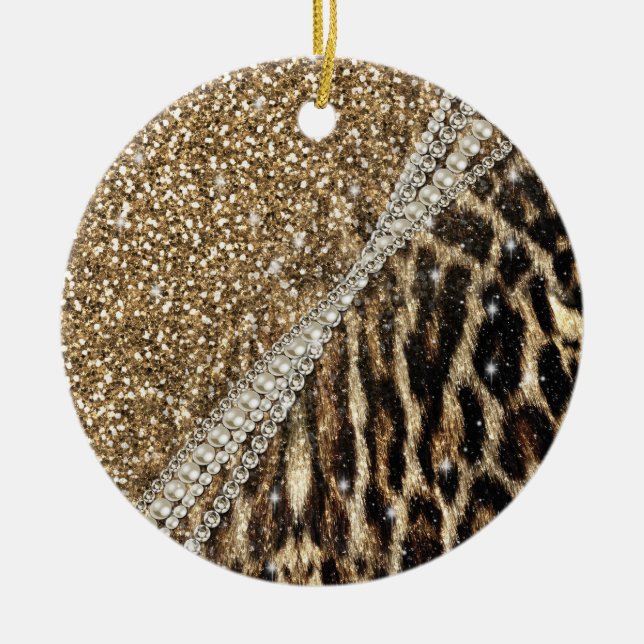 Beautiful Chic Girly Leopard Print Gold Glitter Ceramic Tree Decoration (Front)